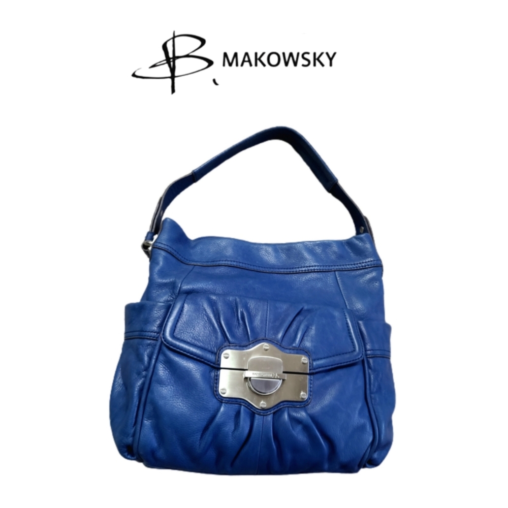 B. MAKOWSKY BLUE LEATHER HOBO BAG - Picture 2 of 12